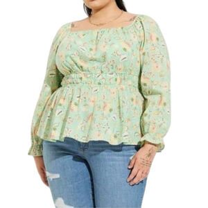 Torrid Cotton Clip Dot Blouson Sleeve Smocked Long Sleeve Top Floral Print 2XL